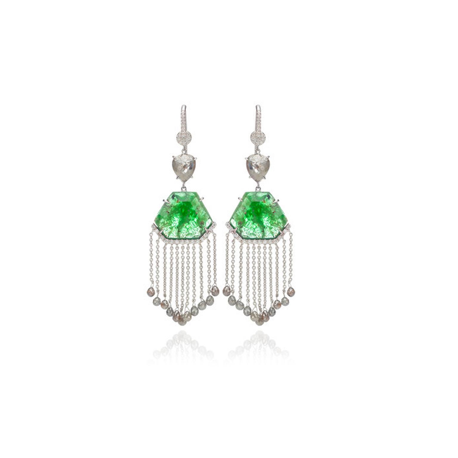 Nina Runsdorf emerald fringe earrings