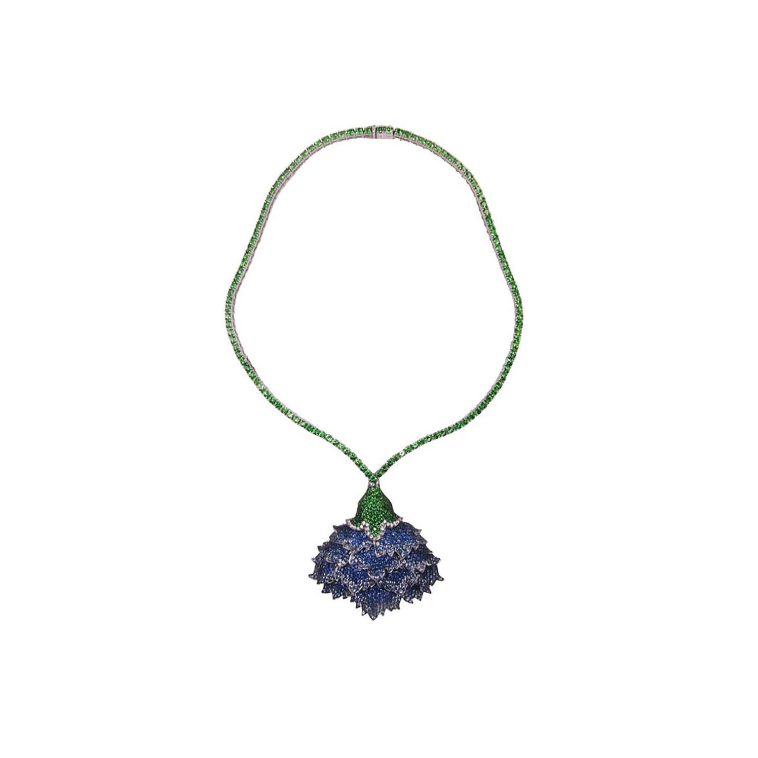 Nisan Ongwuthitham for Plukka white gold, titanium and sapphire lotus necklace