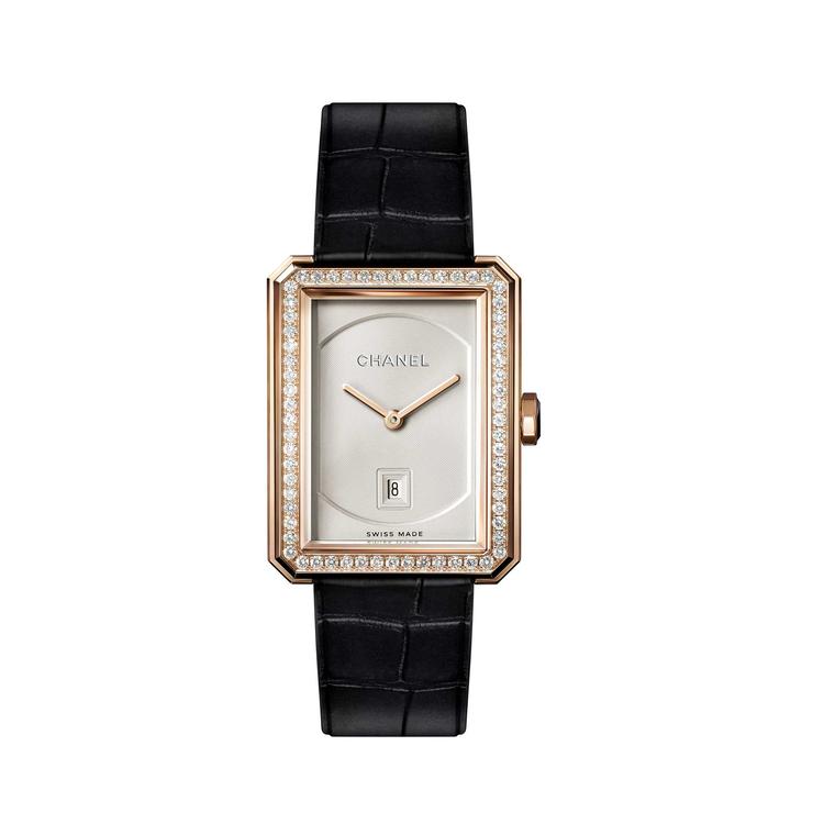Chanel Boyfriend beige gold quartz watch with diamonds and date window