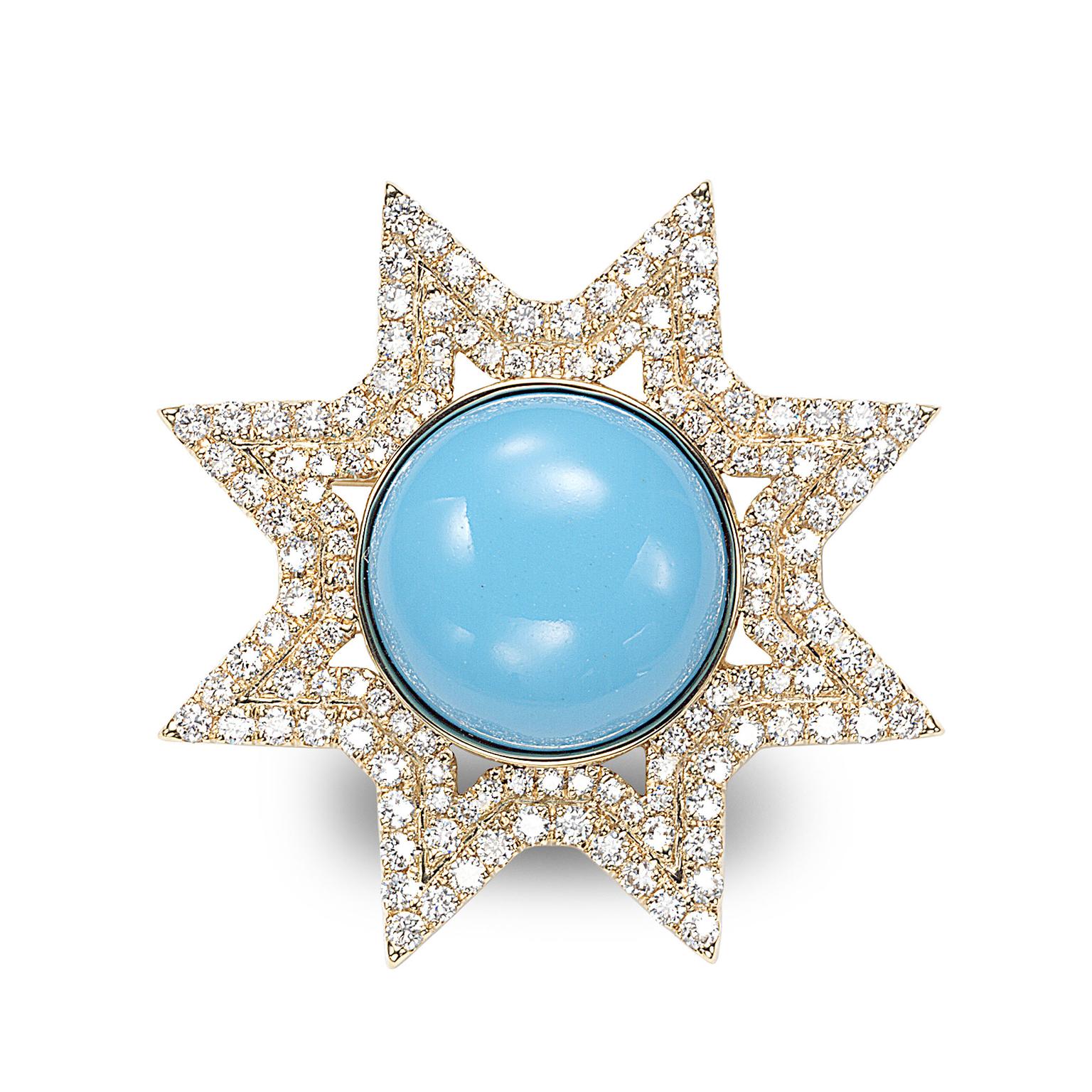 Octium Sun Collection yellow gold Sun turquoise and diamond brooch