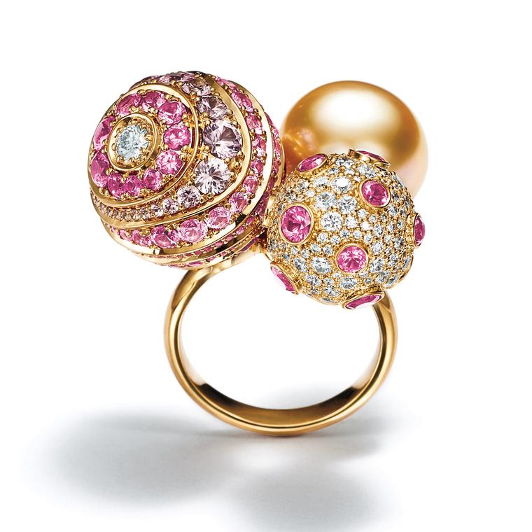 Tiffany Masterpieces Prism ring with diamonds south sea pearl and pink sapphires