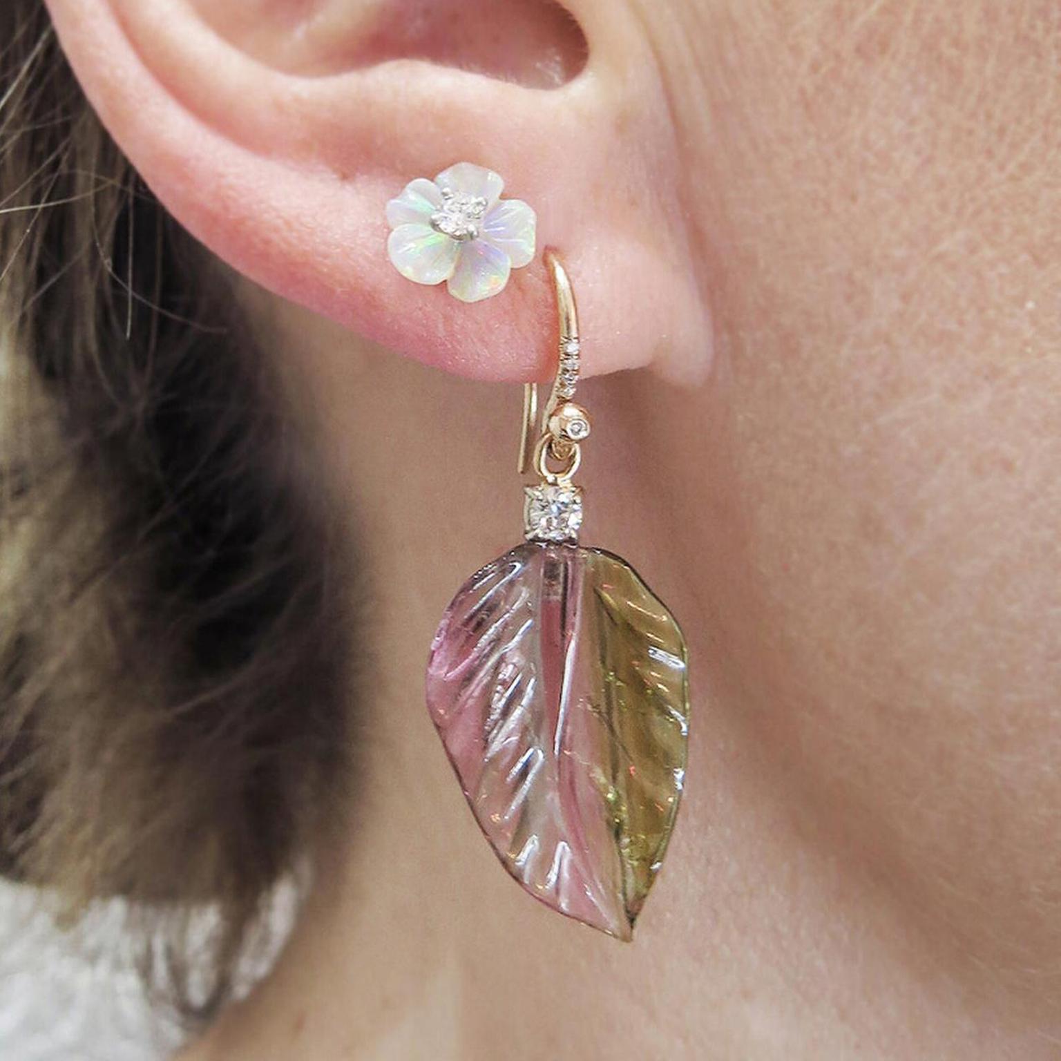 Irene Neuwirth watermelon tourmaline leaf earrings