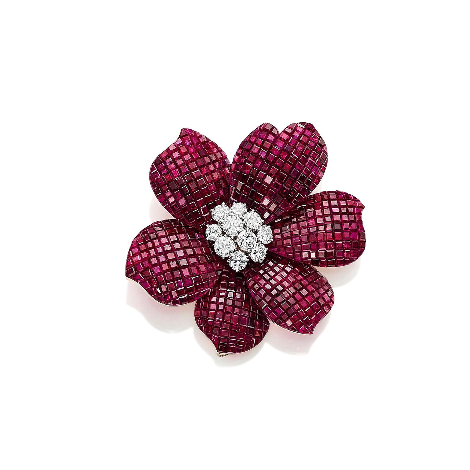 Van Cleef & Arpels ruby and diamond flower brooch