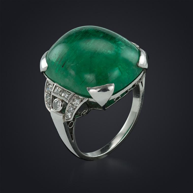 Vintage 20-carat cabochon emerald ring in platinum with diamonds