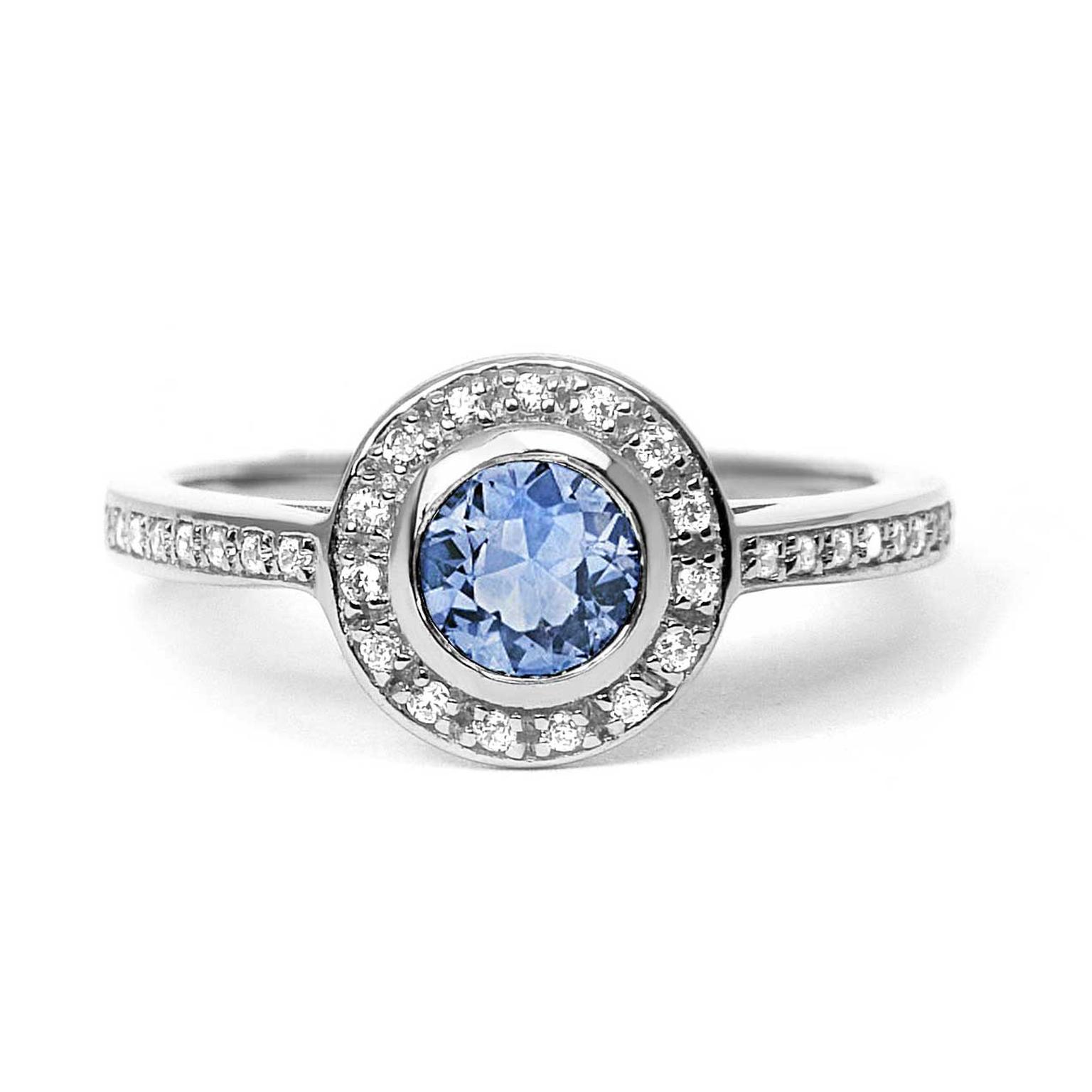 Arabael Lebrusan Efflorescence ethical light blue sapphire engagement ring in Fairtrade gold