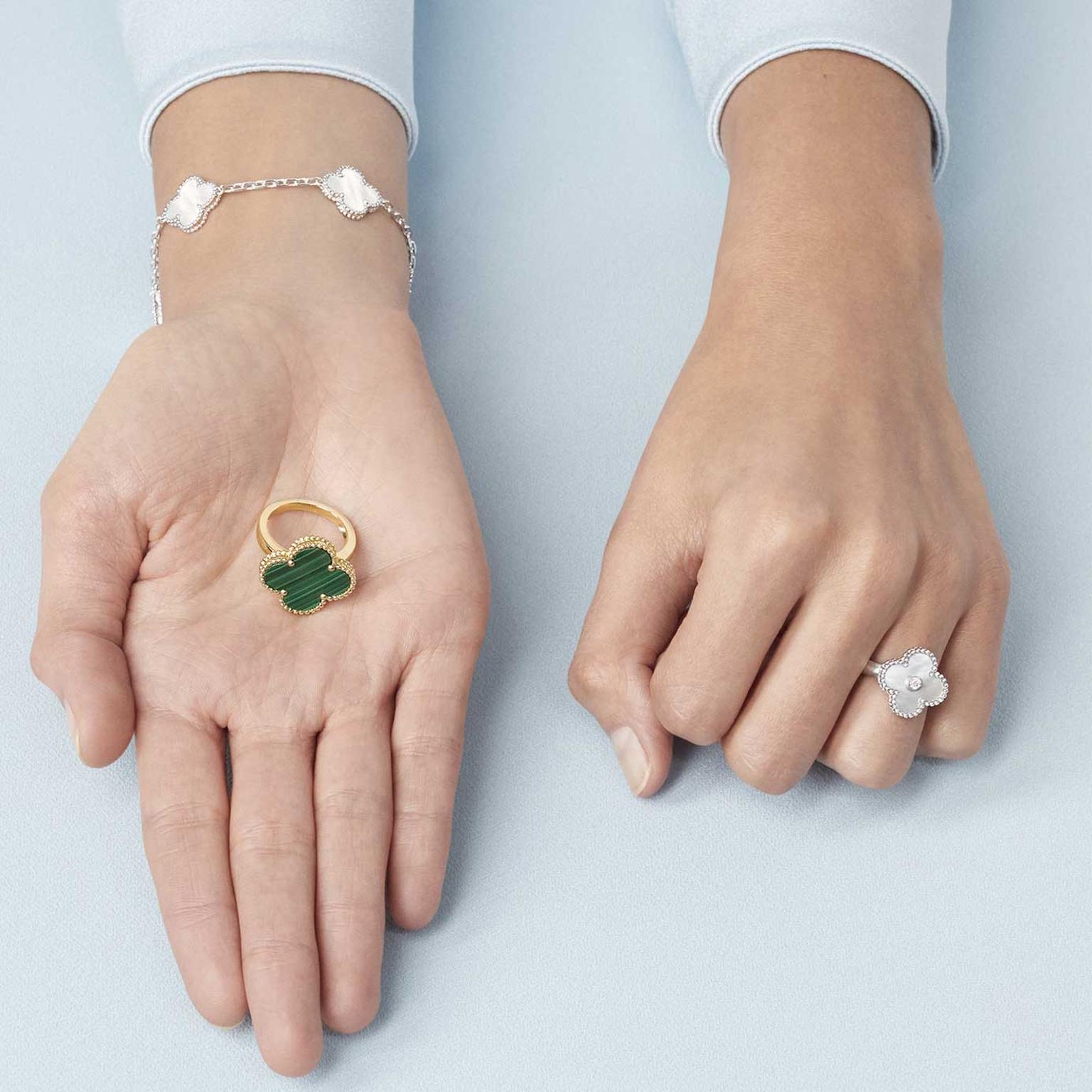 Van Cleef Arpels Alhambra malachite ring, mother of pearl ring and bracelet.