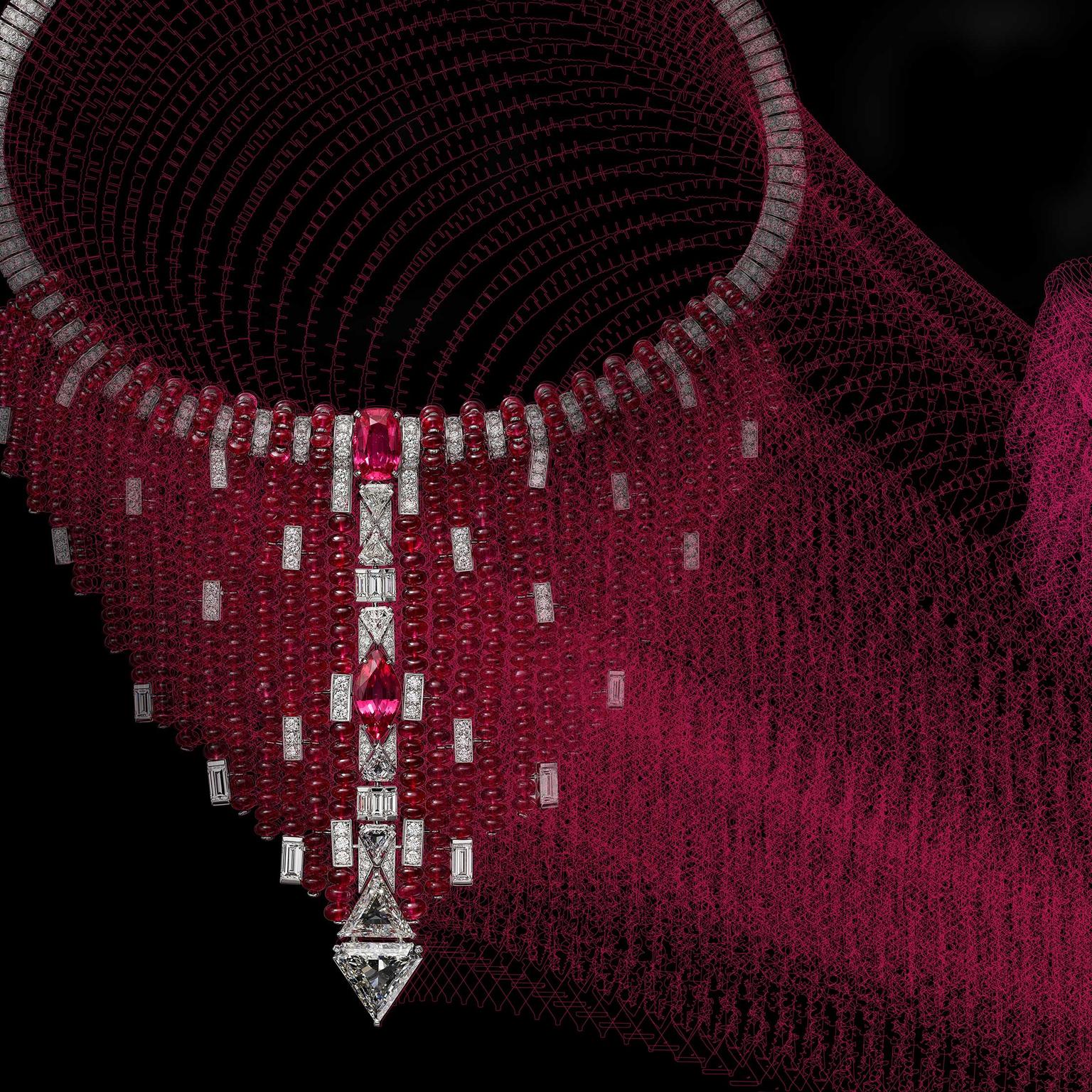 Detail of Cartier Kanaga Necklace with spinels and diamonds from Coloratura collection 2018