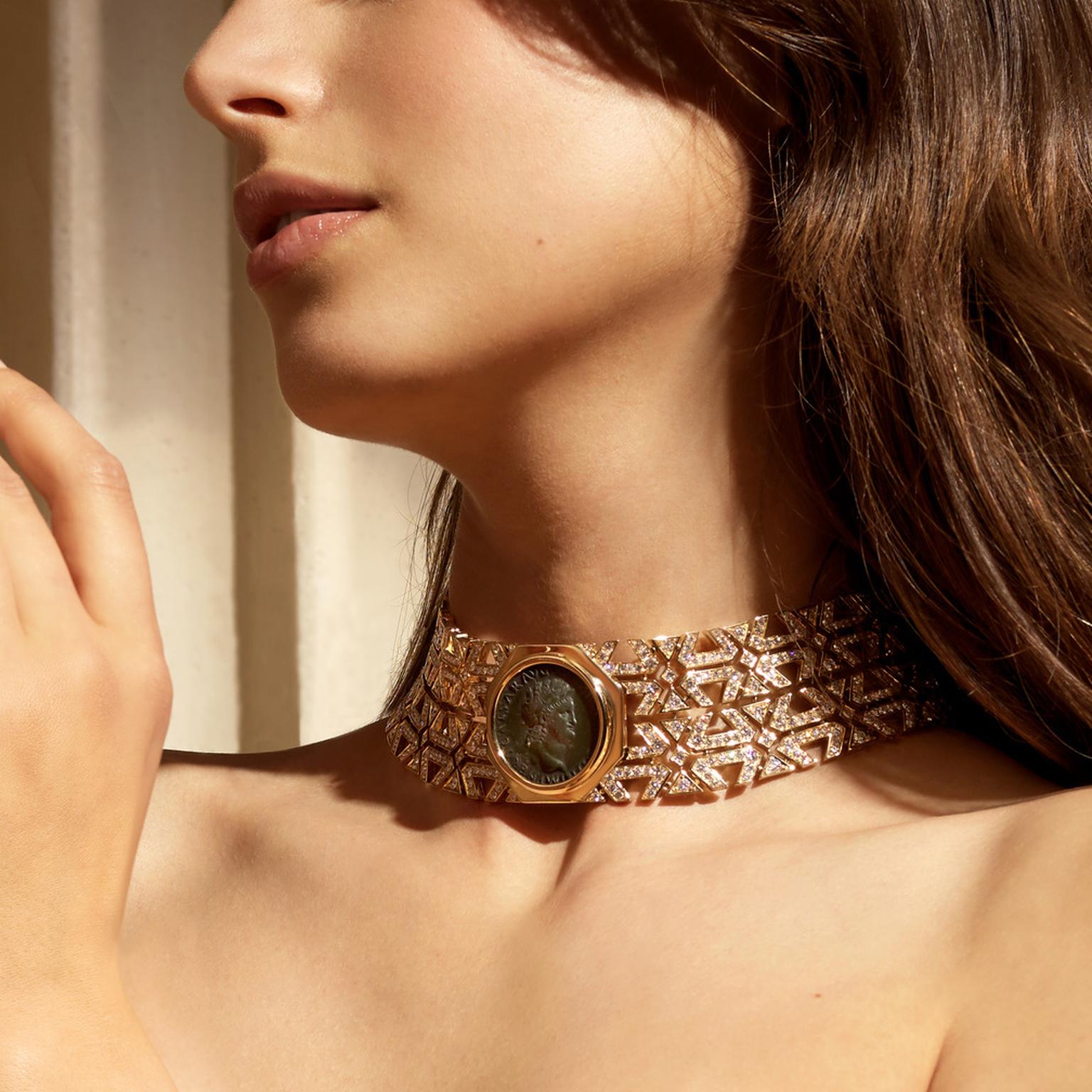 Monete Weave necklace by Bulgari on model