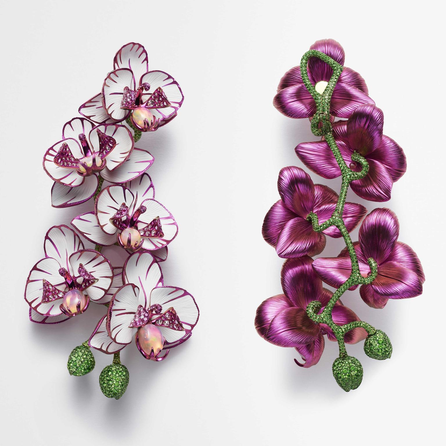 Orchid earrings in titanium with pink sapphires by Chopard from Red Carpet collection 2018