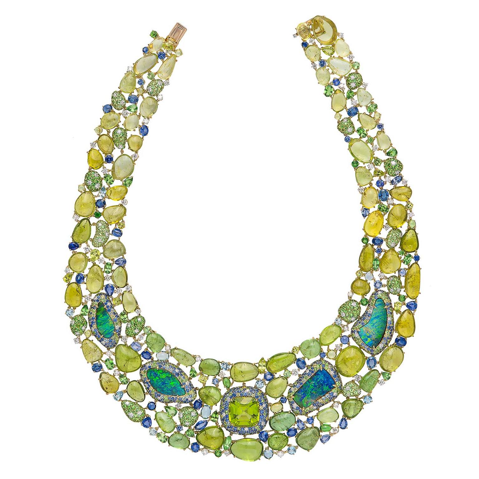 Margot McKinney Exotic Abundance collier featuring Paraiba tourmalines, gemstones and Lightning Ridge opals