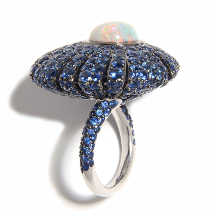 Sea Urchin opal and blue sapphire ring 