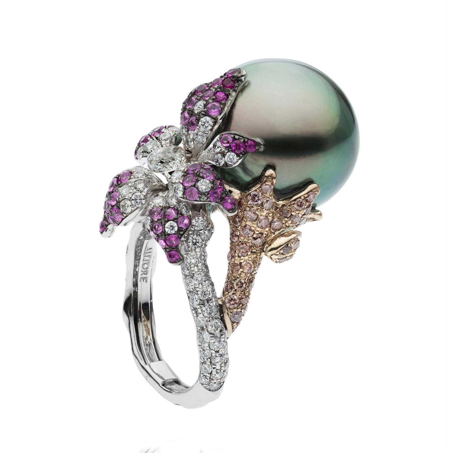 Autore Orchid Curly Pink black pearl ring