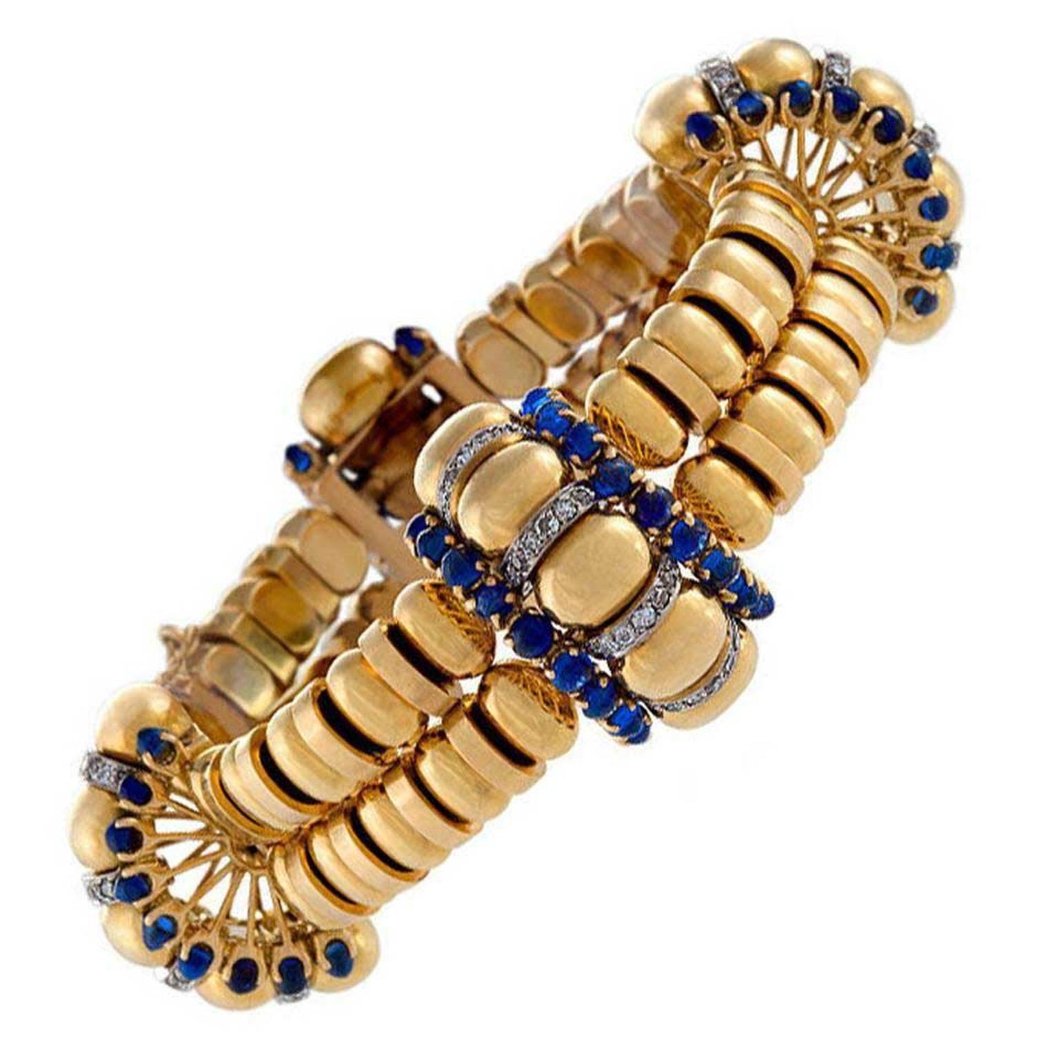 Macklowe Gallery French Retro 18K gold bracelet with blue sapphires and diamonds by Boucheron
