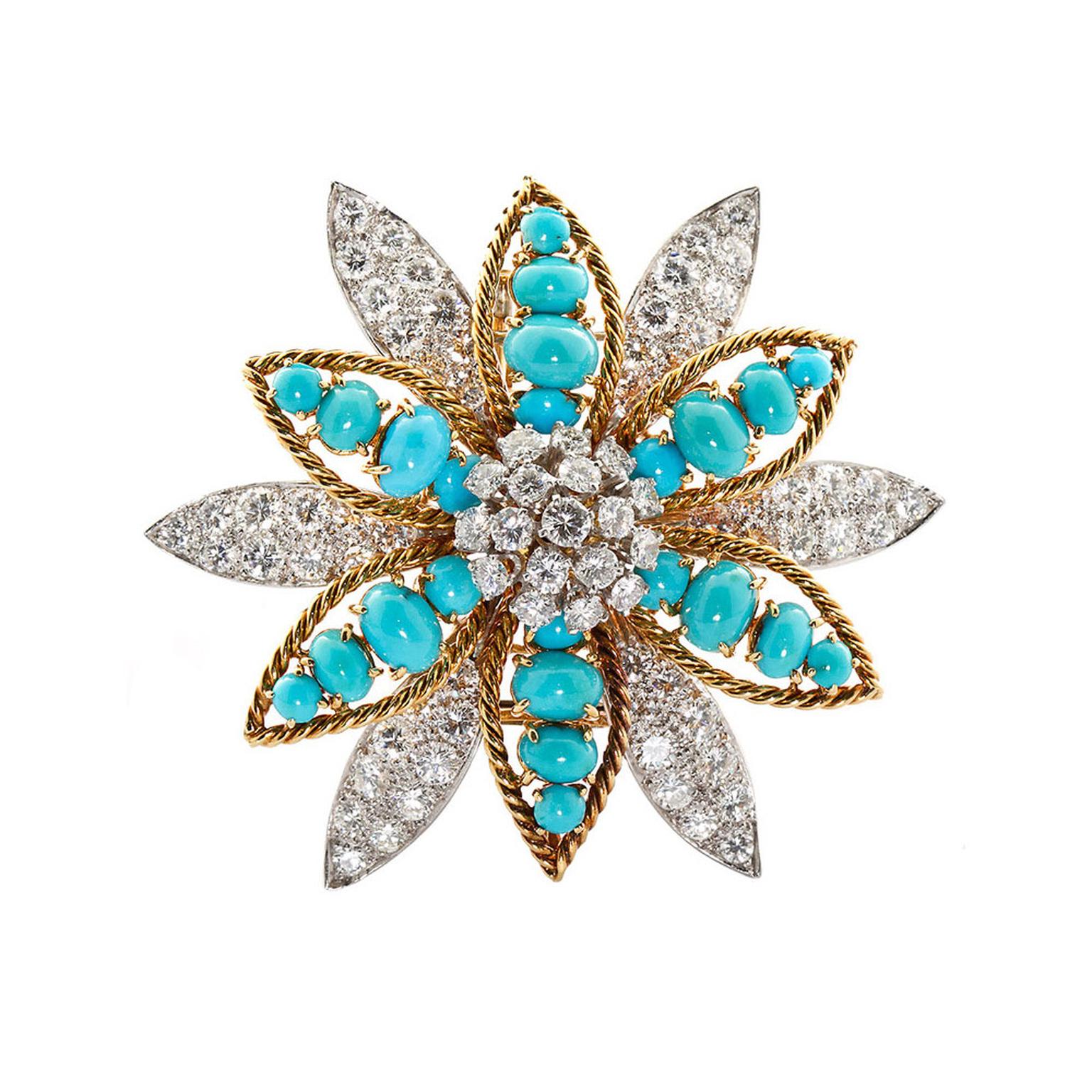 David Webb turquoise and diamond flower brooch
