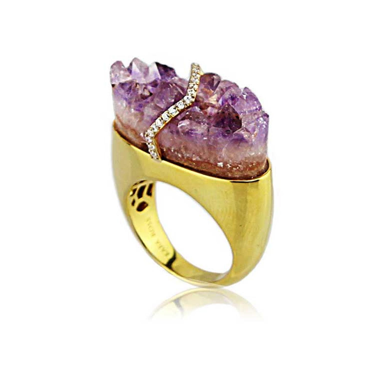 Kara Ross Pangea ring with raw amethyst and diamonds