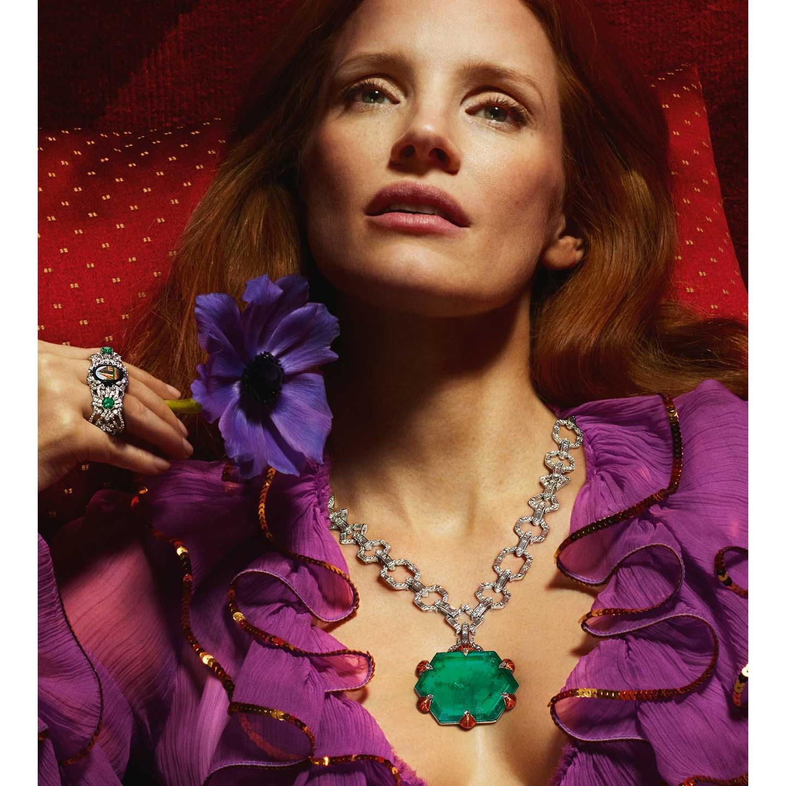 Gucci Hortus Deliciarum emerald necklace on model