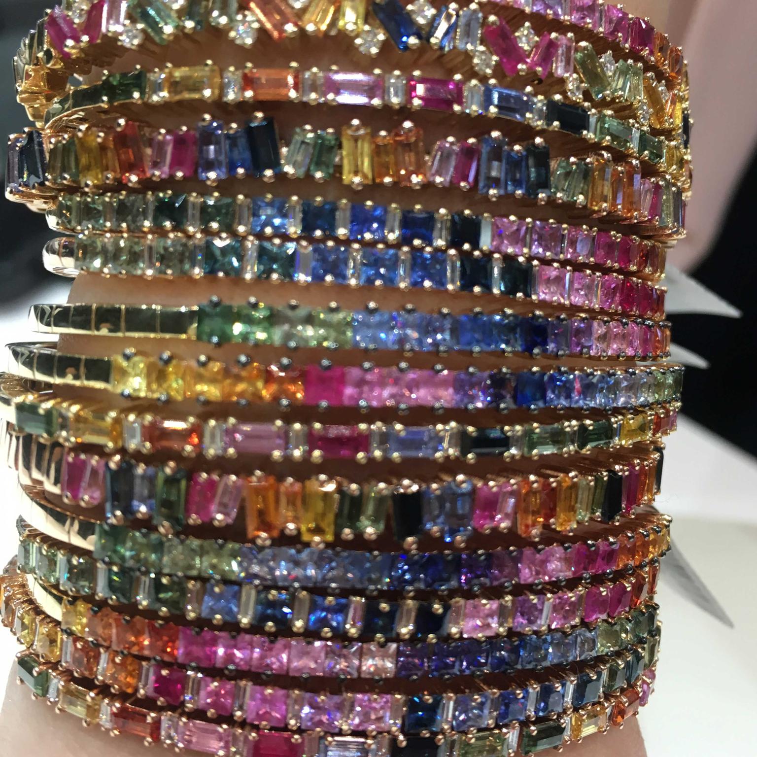 Independent jewellers also have their place at the Doha Jewellery and Watch Exhibition such as Los Angeles based Suzanne Kalan who upped the colour factor with her Rainbow Fireworks bangles seen at DJWE
