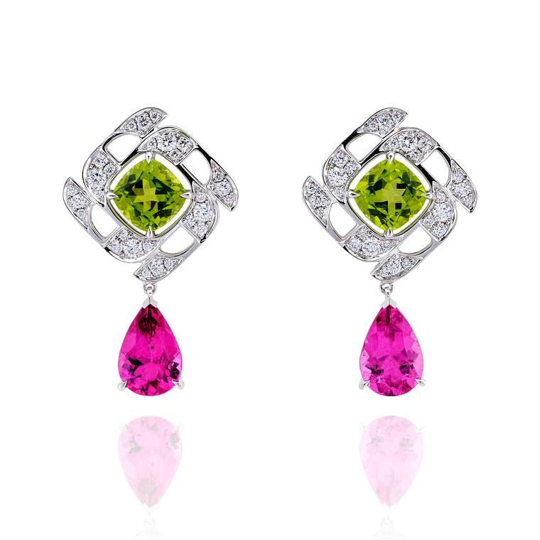 Boodles Prism peridot and rubellite earrings with diamonds
