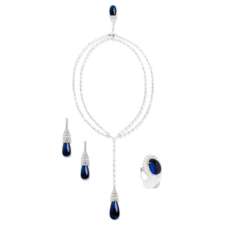 Schreiner cabochon sapphire and diamond necklace, earrings and ring.