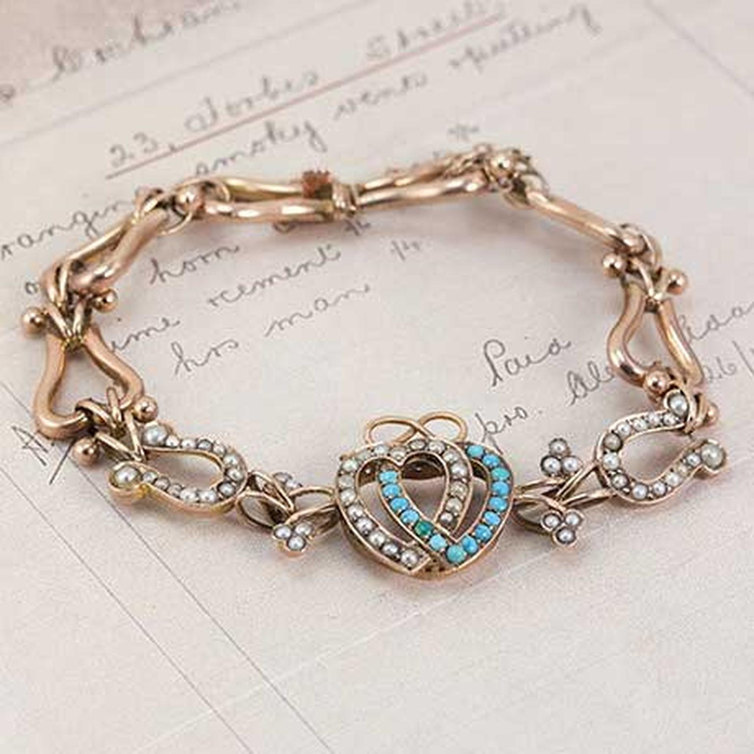Victorian Erica Weinrad pearl and turquoise double heart bracelet