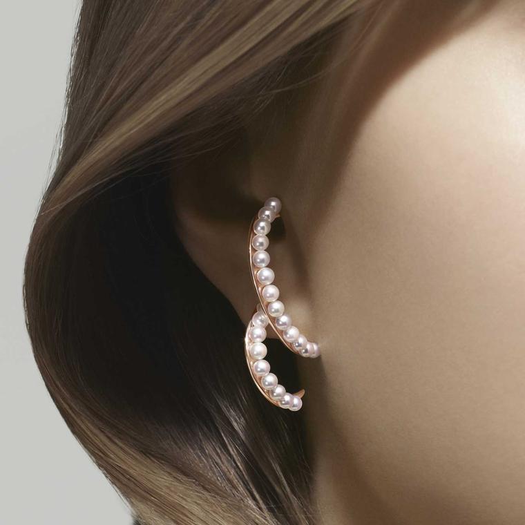 Tasaki Atelier Surge Akoya pearl and gold earrings on model