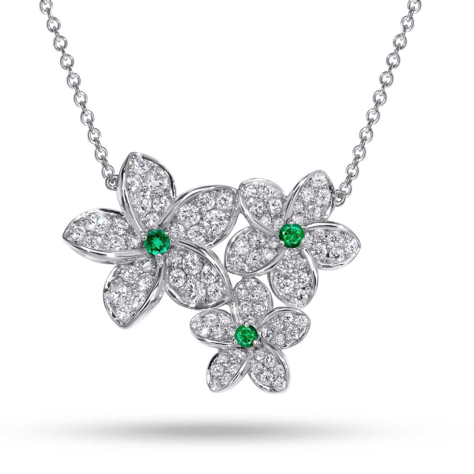 Stenzhorn Plumeria diamond and emerald three flower necklace white gold