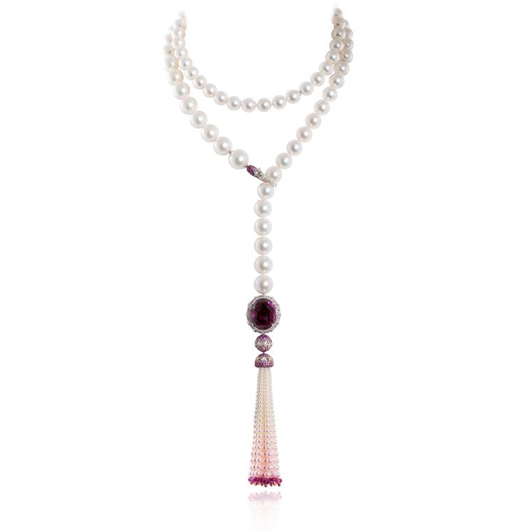 Rubellite and diamond lariat necklace