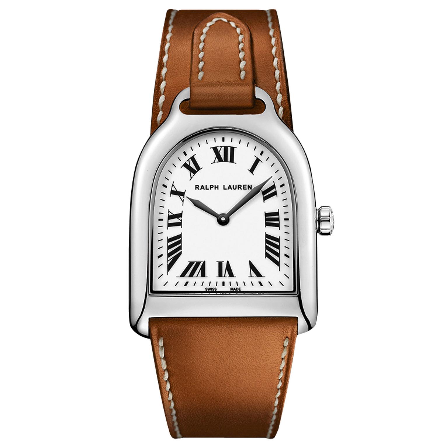 Ralph Lauren Small Stirrup watch for women in staliness steel with a leather strap 