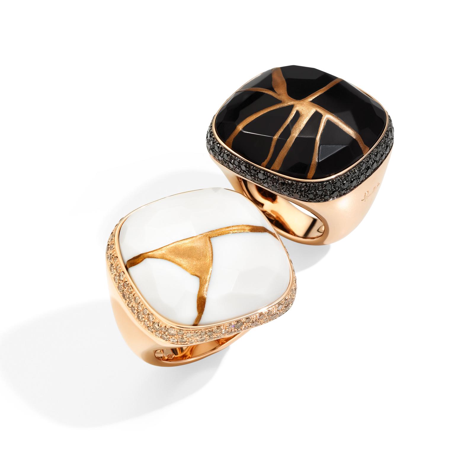Pomellato Kintsugi Collection rings in rose gold with jet and kogolong