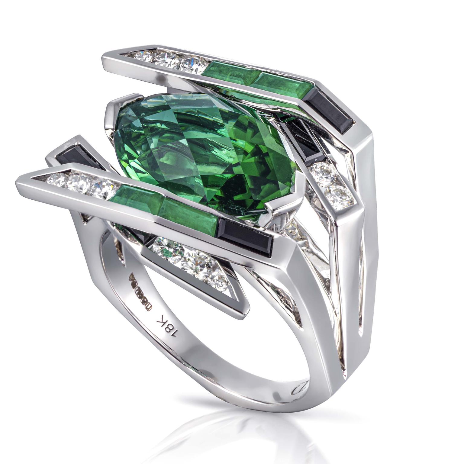 Electric night emerald and tourmaline cocktail ring by Tomasz Donocik