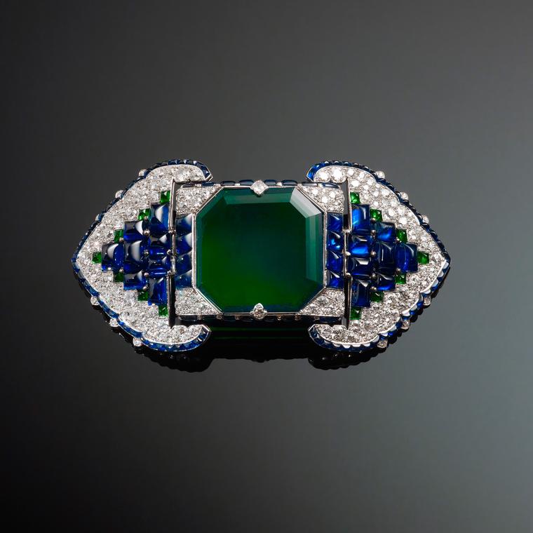 Cartier brooch with emeralds, sapphires and diamonds