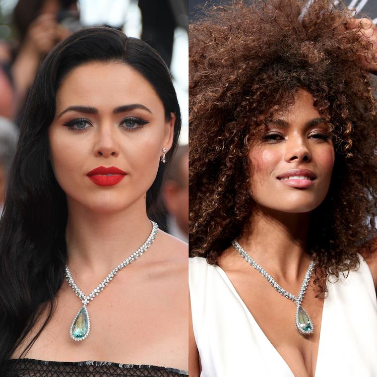 Kristina Bazan and Tina Kunakey wear the same 80ct-carat beryl necklace by Chopard on the Cannes red carpet 