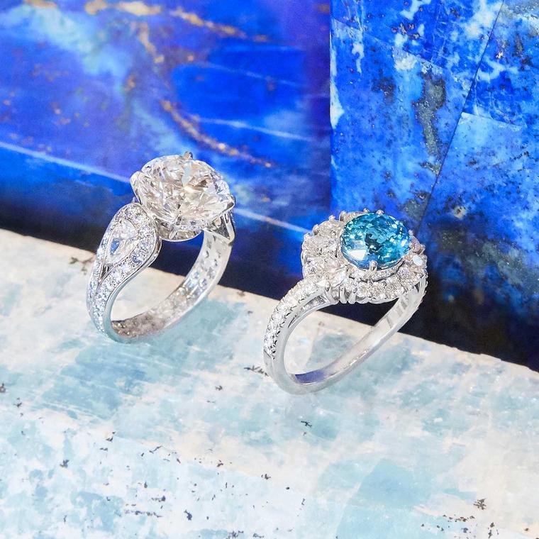 Hirsh Paraiba Swirl and Majestic diamond rings