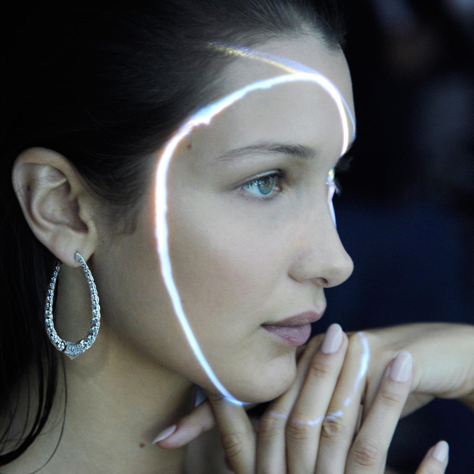 Bella Hadid wearing Boghossian Les Merveilles Creole diamond hoop earrings