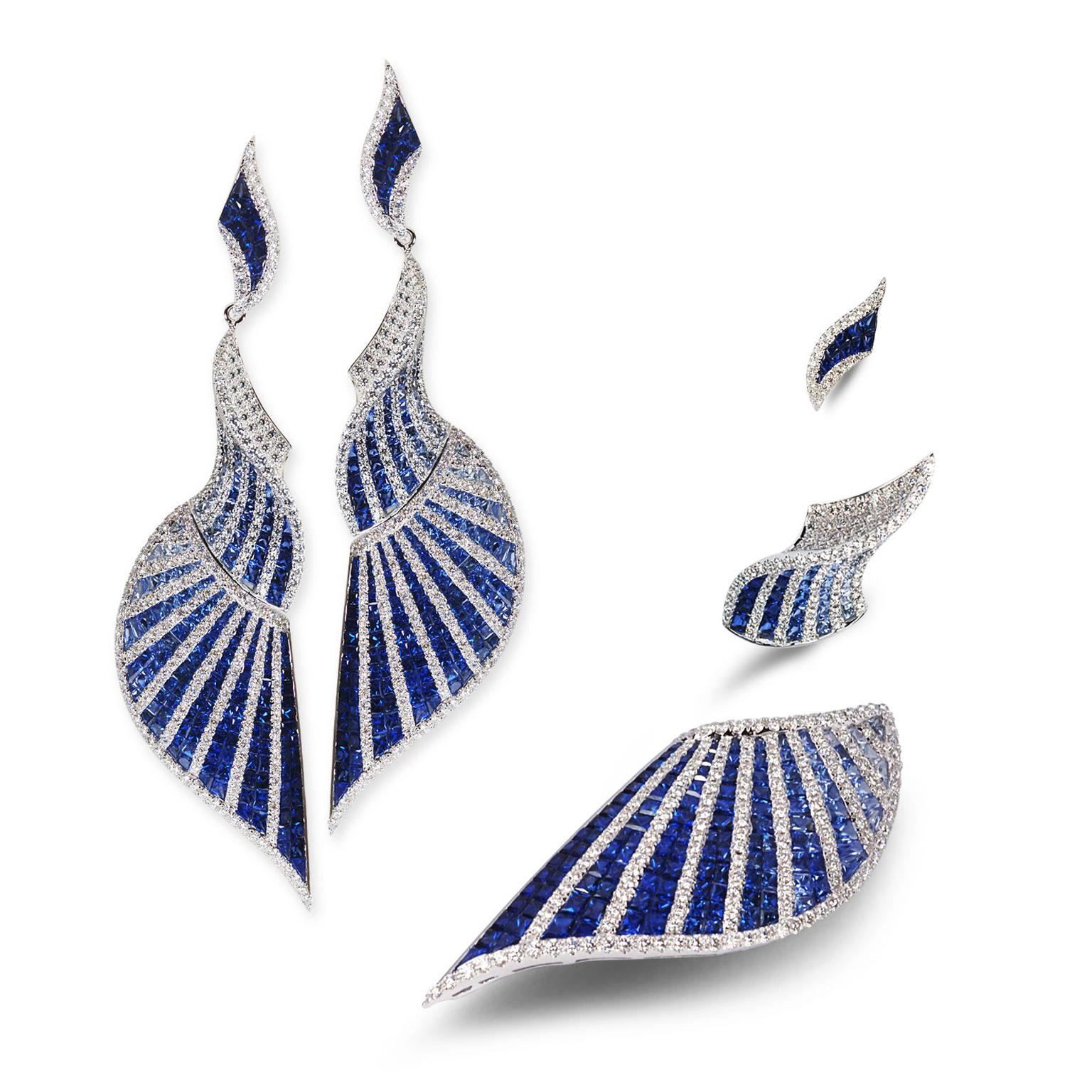 Kavant and Sharart white gold, diamond and blue sapphire earrings