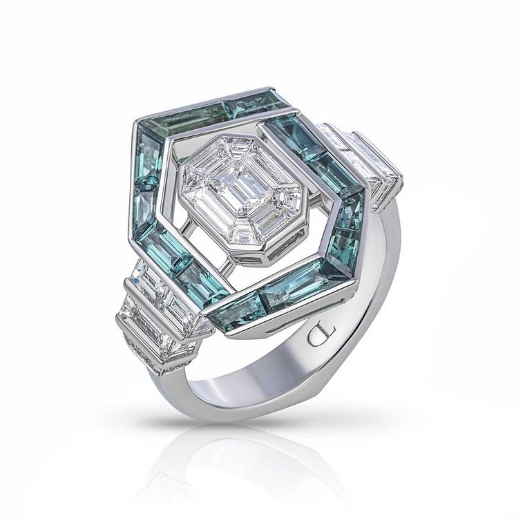 Tomasz Donocik tourmaline and invisibly set diamond engagement ring