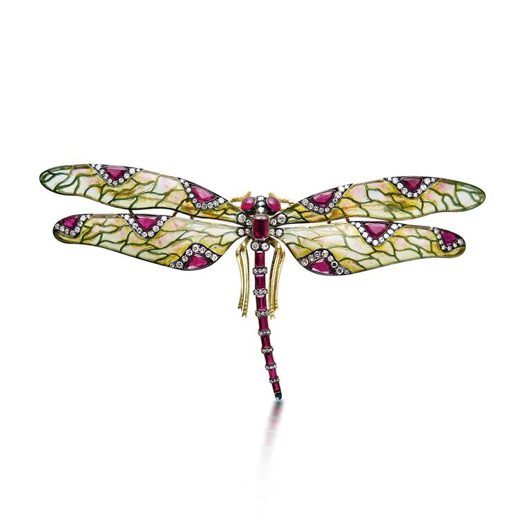 Art Nouveau enamel, ruby and diamond dragonfly brooch