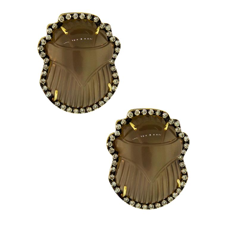 Scarab grey agate earrings with brown diamonds