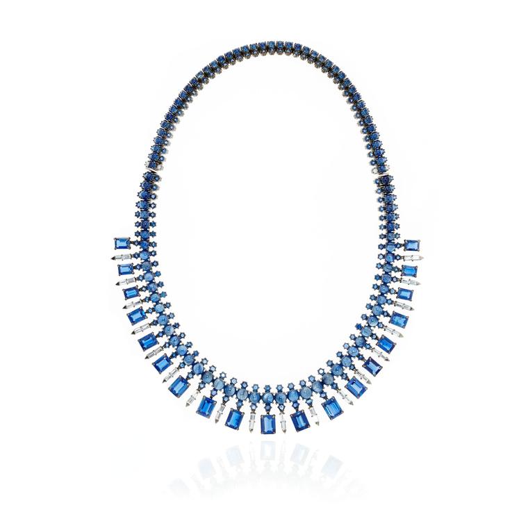 Nam Cho Baguette necklace with blue sapphire