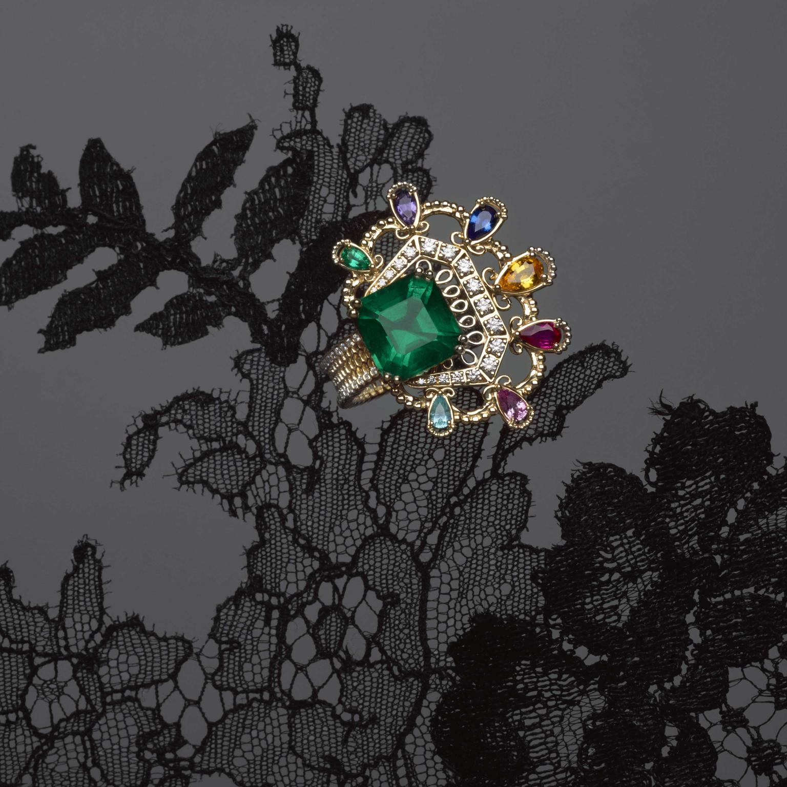Dior Dior Dior Dentelle Satin Emeraude ring with diamonds, emeralds, sapphires, ruby and Paraiba tourmaline by Dior Joaillerie Photo by Brigitte Niedermair