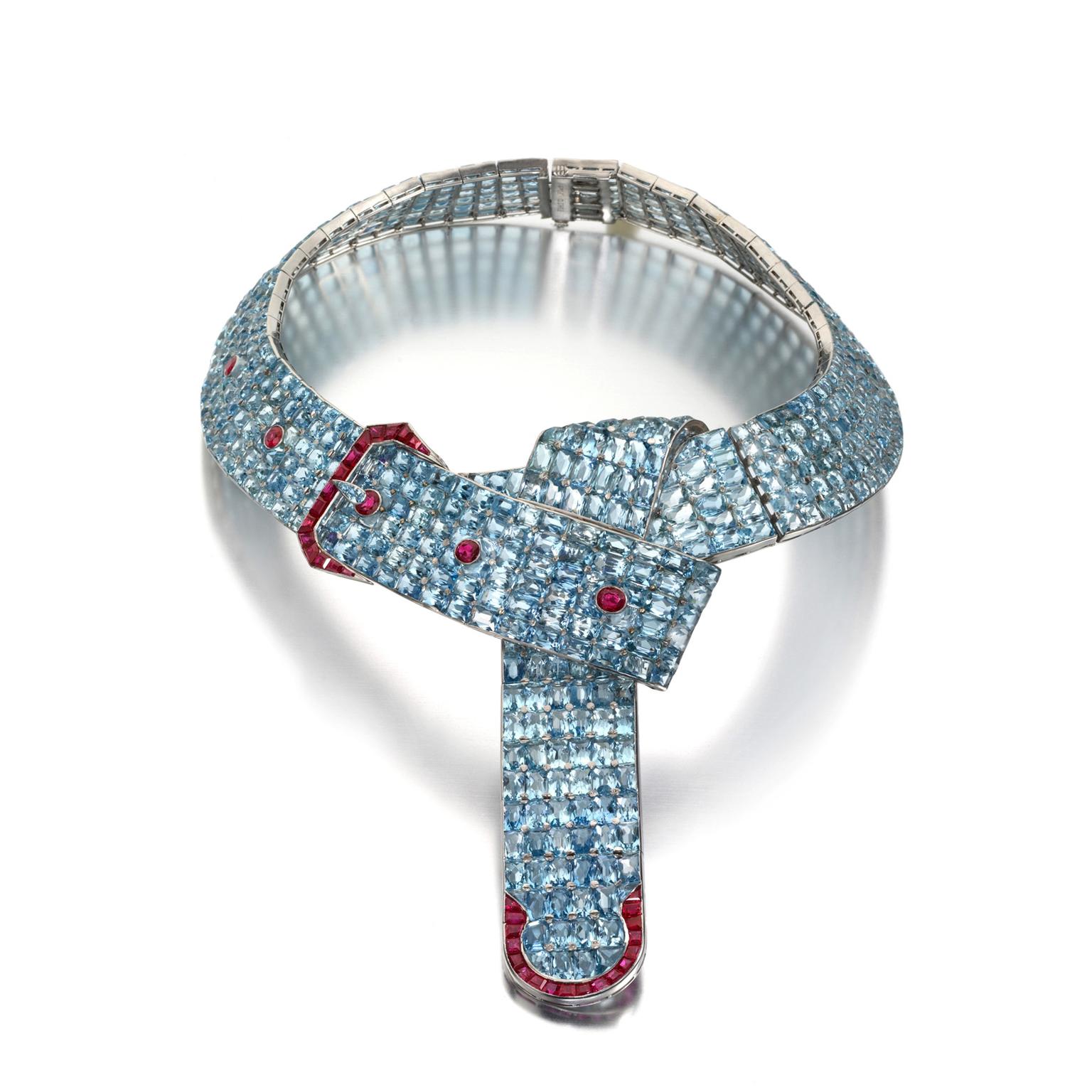 Fulco di Verdura belt necklace in pave-set aquamarines with ruby accents