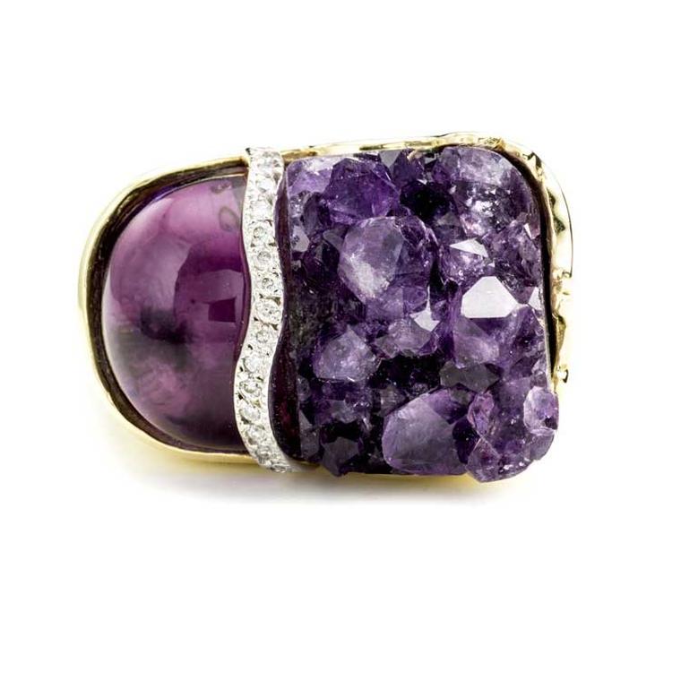 Kara Ross Petra Split ring with raw and smooth amethyst and diamonds front view
