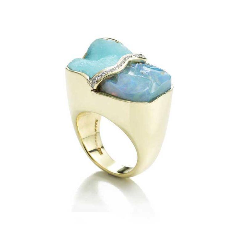Kara Ross Petra Split ring with raw blue opal, raw hemimorphite and diamonds side view