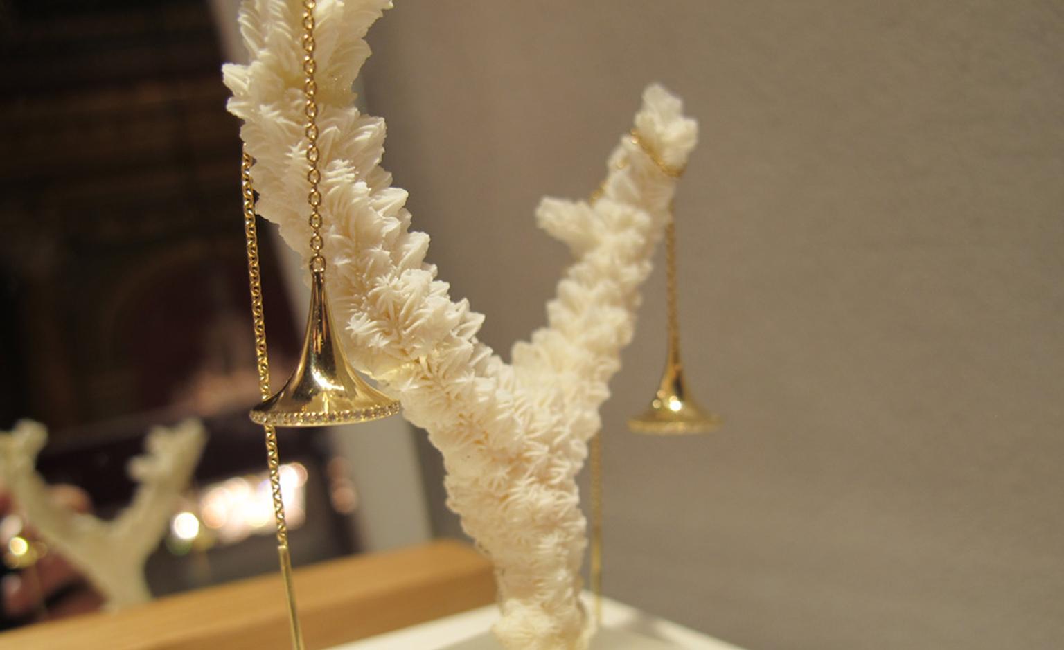 Dainty Trumpet earrings by Jessica Poole in gold with diamonds £700. Diamond free version for £160