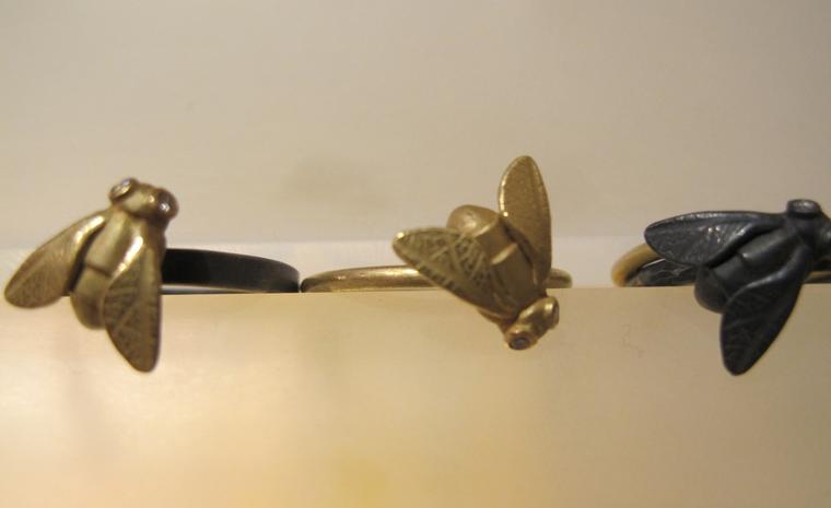 A small swarm of Zoe Arnold's Fly rings in gold and silver with diamond eyes from £295 in gold or £195 in silver.