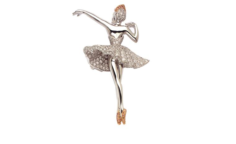 VAN CLEEF & ARPELS. Puccinella ballerina clip in white gold, round diamonds and one pink diamond. POA