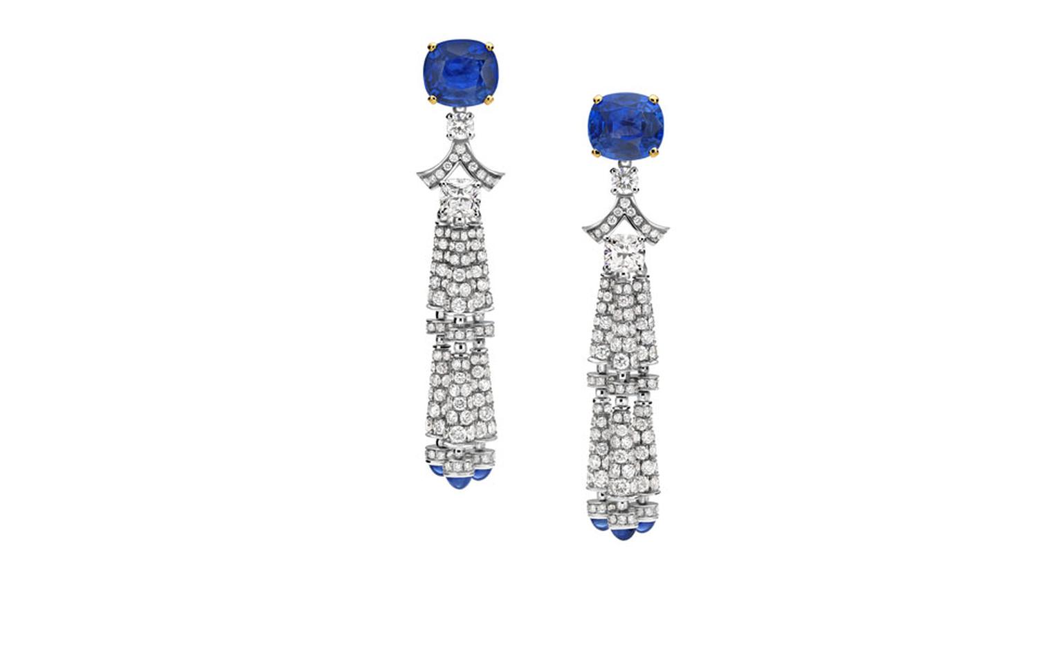 Bulgari. High Jewellery earrings in white gold with 2 cushion-shaped sapphires, cushion-shaped diamonds, round brilliant cut diamonds and cabochon cut sapphires. POA.