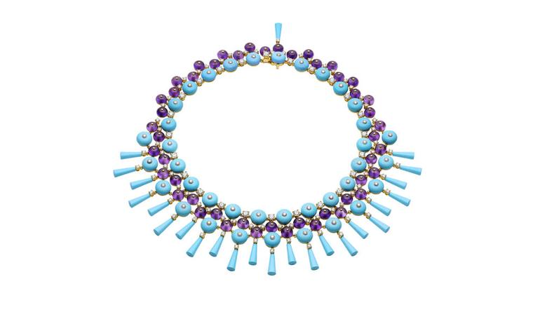 Bulgari. High Jewellery in yellow gold with fancy shaped turquoises, amethyst beads and round brilliant cut diamonds. POA.
