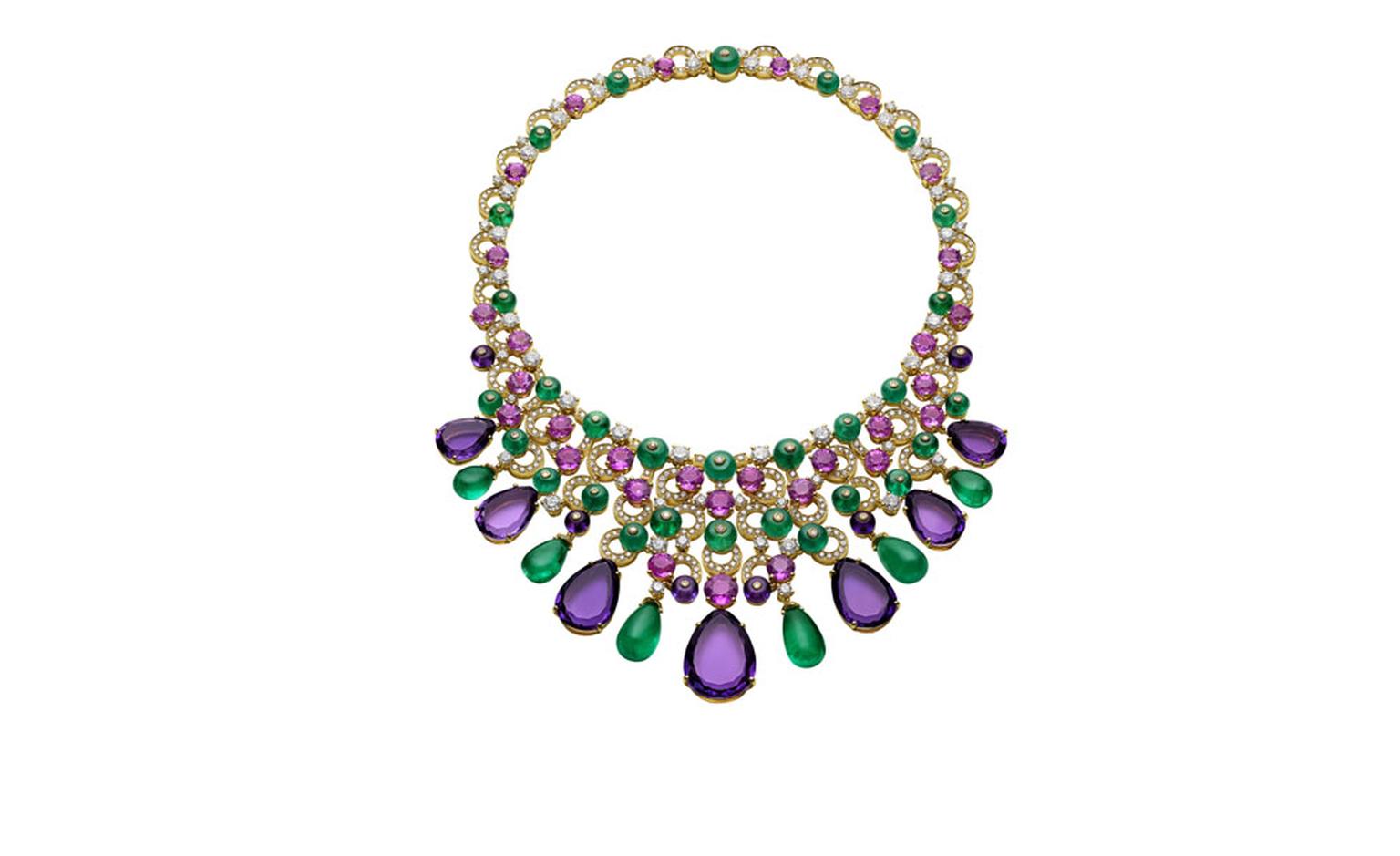 Bulgari. High Jewellery necklace in yellow gold with 6 cabochon emerald drops, pear-shaped amethysts, 30 round cut pink sapphires, emerald beads, amethyst beads, round brilliant cut and pave´ diamonds. POA.