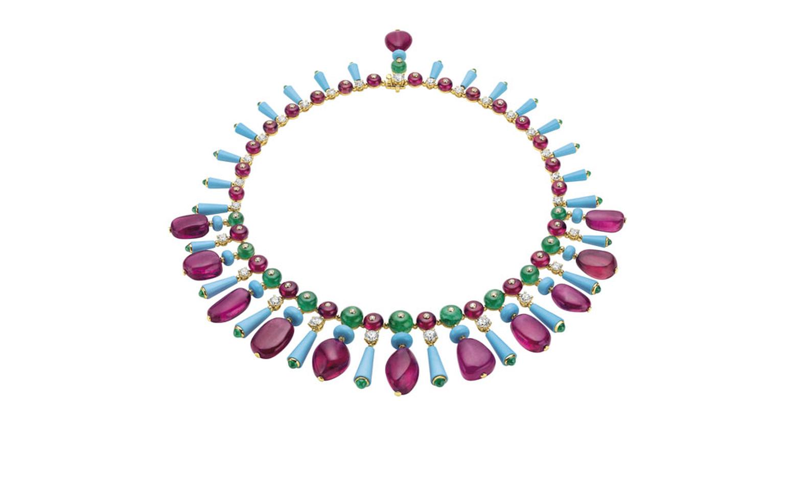 Bulgari. High Jewellery necklace in yellow gold with 11 fancy-shaped rubellites, fancy-shaped and bead cut turquoises, emerald beads, rubellite beads, cabochon cut and emerald beads. POA